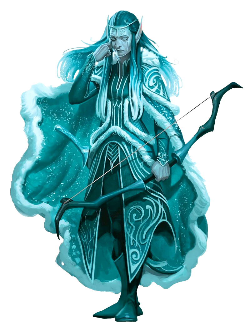 Enna Berevian, dressed in a heavy fur cloak, decorative hunting gear, and wielding a bow. She is weeping.